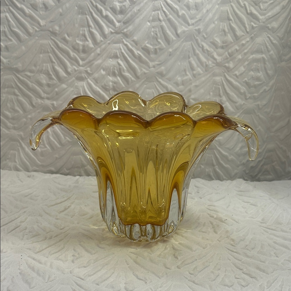 Amber Art Glass Vase – Ruffled Rim – Hand Blown Style Decor